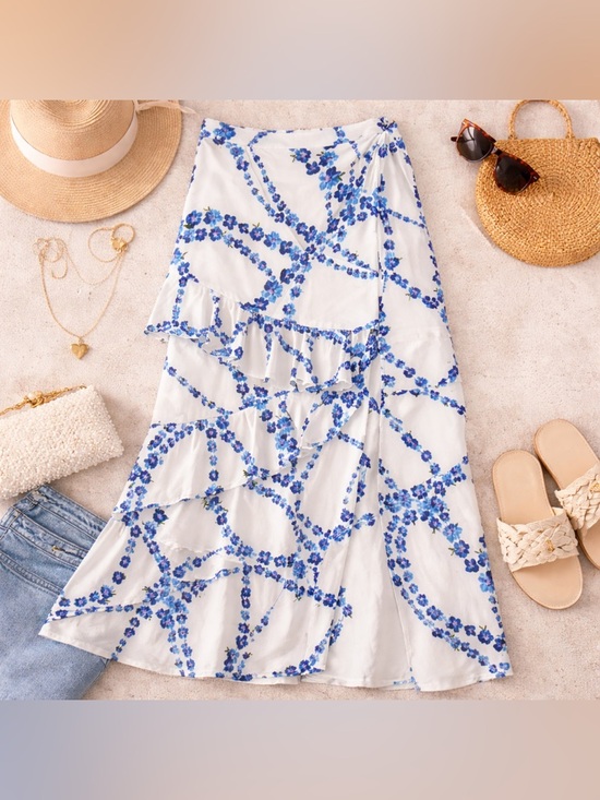 Misa Los Angeles Dresses & Skirts - MISA Los Angeles White Blue Floral Ruffle Wrap Maxi Skirt XS NWT